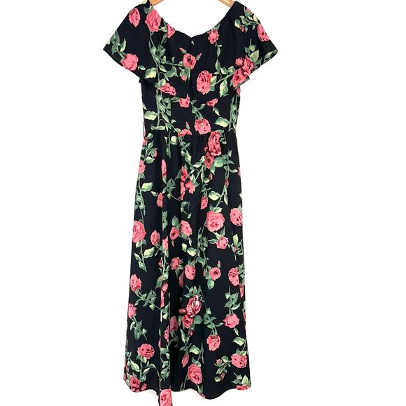 Rebel Love Clothing Pink Black Rose Floral Ruffle Maxi Dress Size Small - Picture 9 of 14